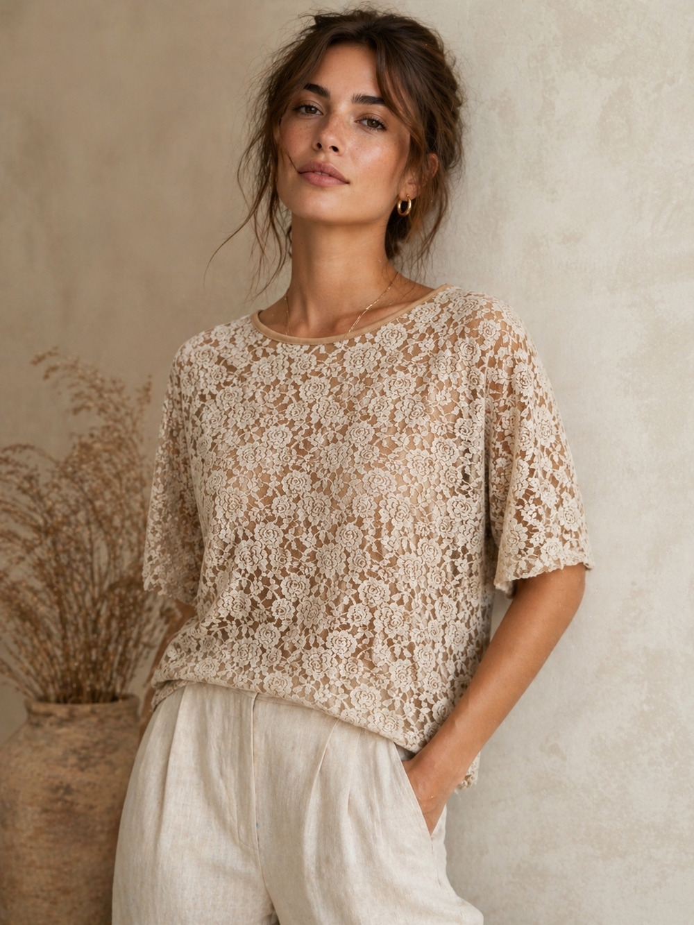 Soft romantic Floral lace top Sz.L  Ivory beige Romantic Garden Party Office